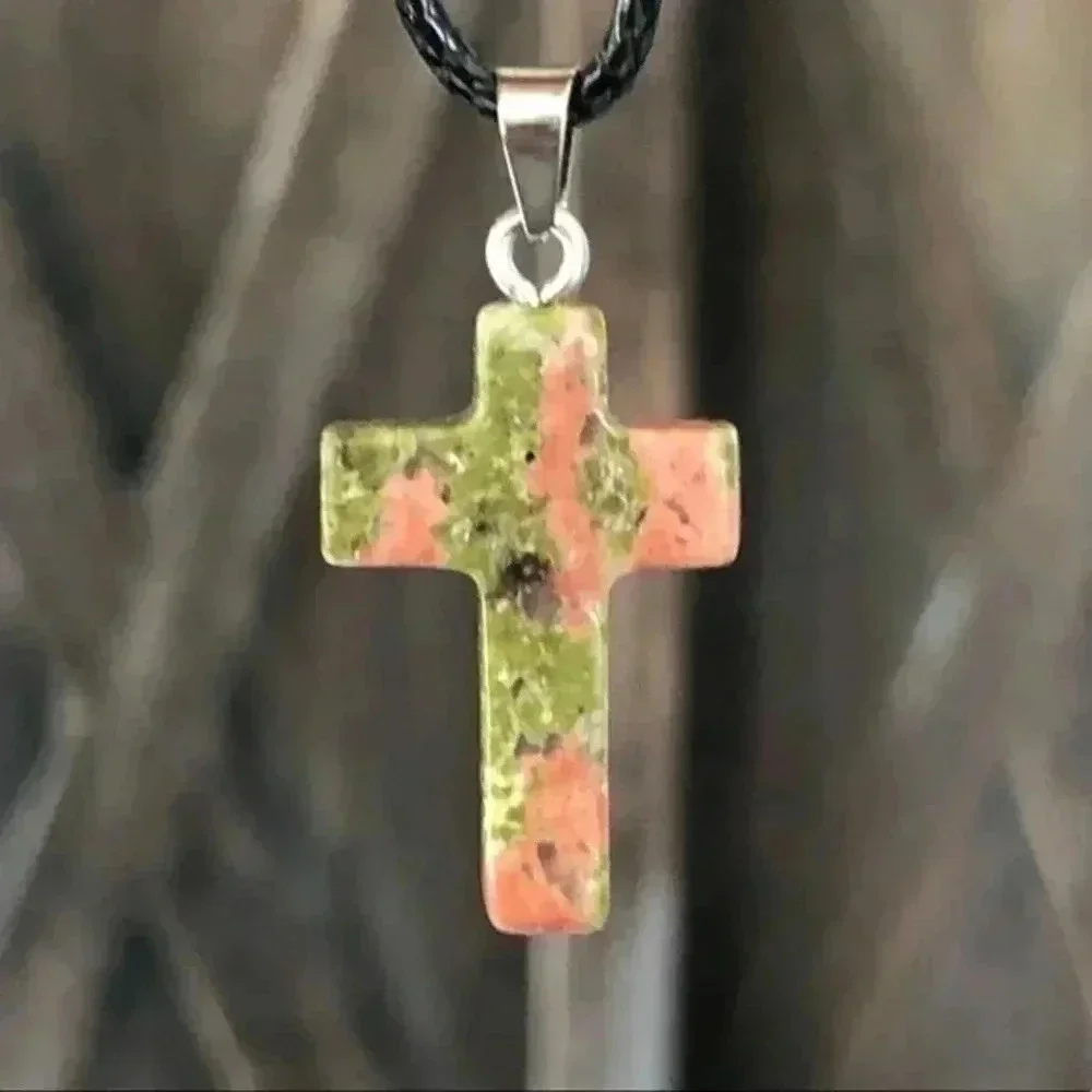 Unakite Cross Natural Braided Stainless Steel Necklace NWT
